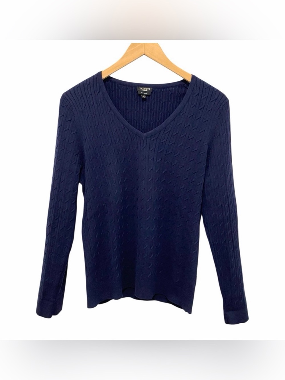 Talbots 100% Cotton Navy Blue V- Neck Cable Knit Sweater - Great Condition - Lg